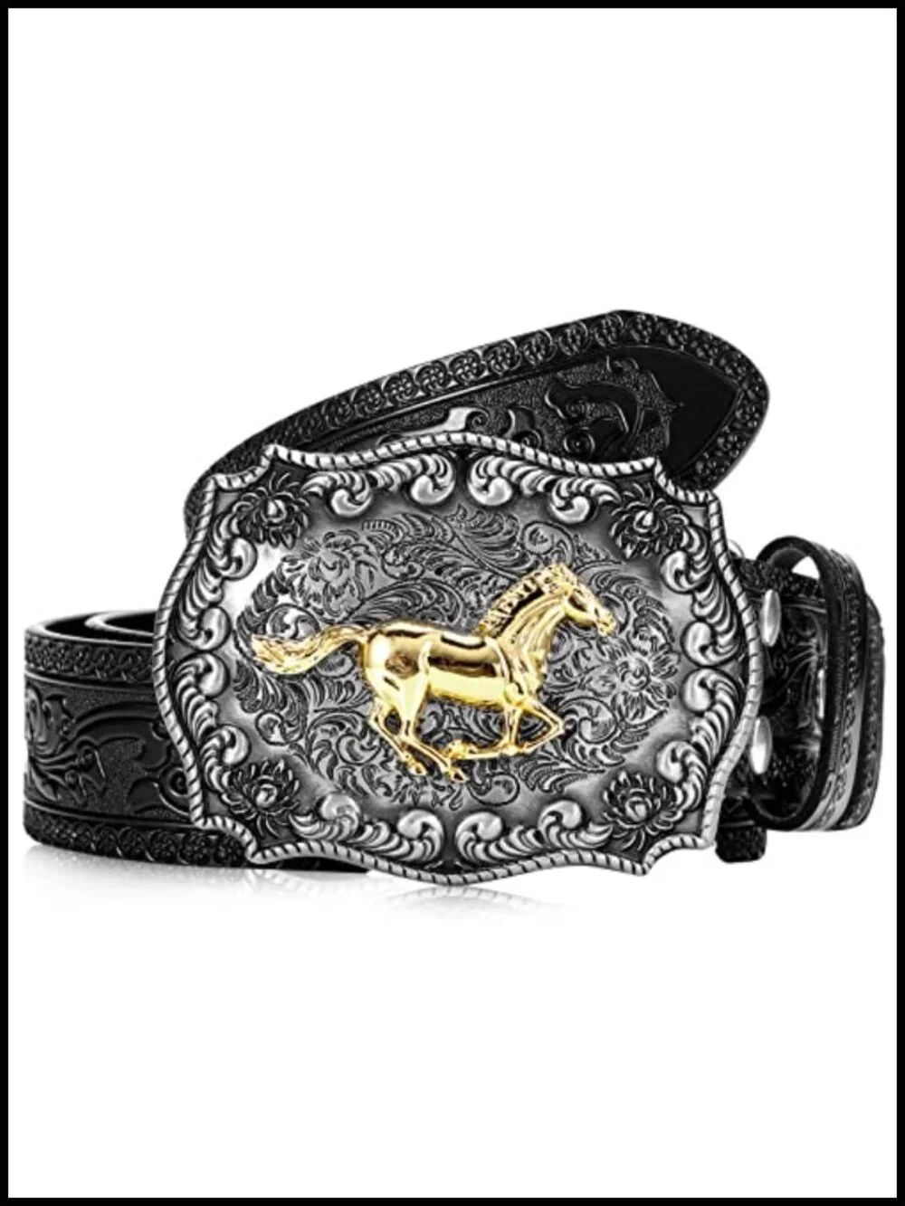 Western Cowboy Leather Belt w/ Horse Buckle - Unisex